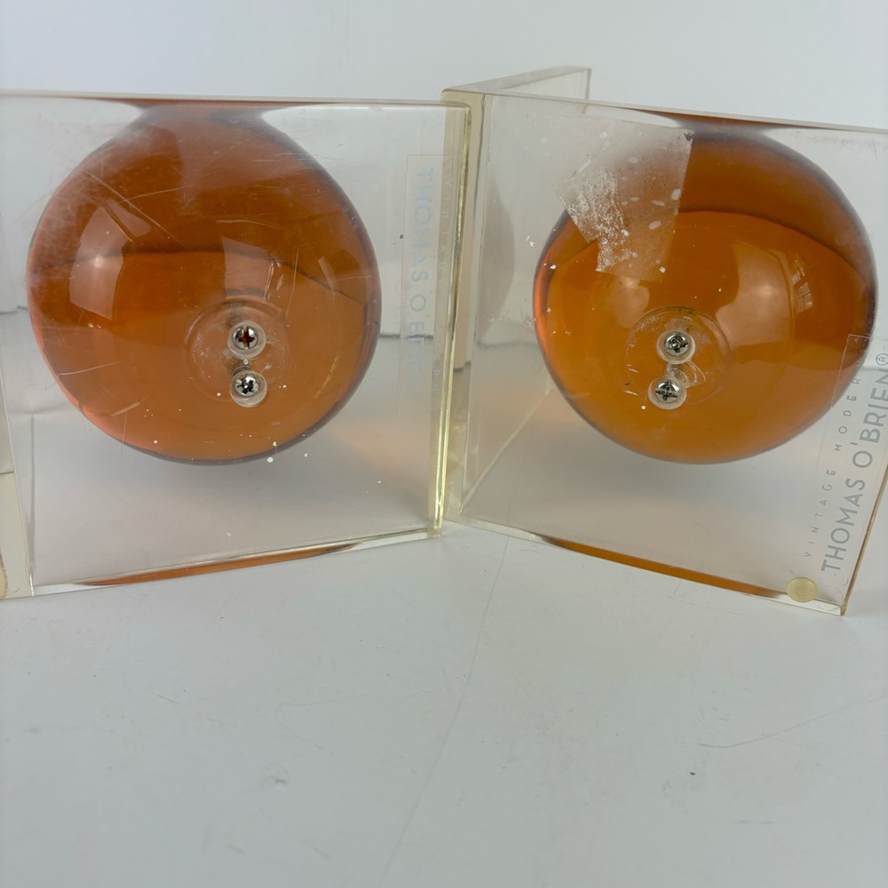 Vintage Modern Thomas O’Brian-Amber Lucite Sphere Bookends - Pair - Picture 12 of 15
